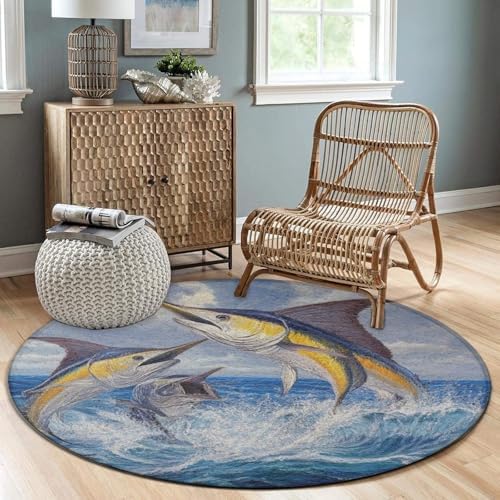 Home Decor Non Slip Kitchen Office Circle Rug, Machine Washable Modern Round Area Rug, Room Sofa Yoga Soft Round Carpet Whimsical Fish Painting, 36inch