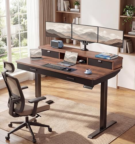 HUANUO 55 x 30 inch Electric Standing Desk with 4 Drawers, Walnut