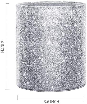 Glitter Pen Holder, Pencil Cup Desk Sparky Bling for Women Girls, Luxury Durable Makeup Brush Holder Large Pu Leather Multi-Functional Organizer Cup for Office, Classroom, Home, Silver