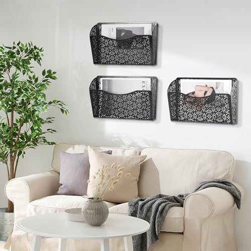 EasyPAG 3 Pack Hollow Design Wall-Mounted File Organizer - Heavy Duty Metal, Vertical Space Saving, Letter Size Single Pocket Holder for Office, Home, School, Black