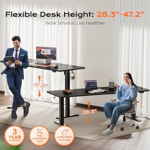 Huuger 78.7'' x 29.5'' Large Electric Standing Desk, Height Adjustable Computer Desk, 29.5" Deep Desktop, Stand up Gaming Office Desk with 2 Hooks, 3 Preset Heights, for Home Office, Black