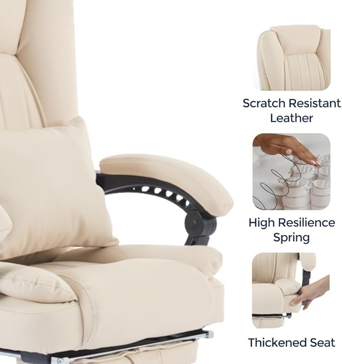 Orbis 4-Point Kneading Heated Massage Office Chair with Foot Rest | 500lbs Big & Tall Ergonomic Executive Desk Chair for Heavy People | Reclining Home Office Computer Chair | Leather Beige