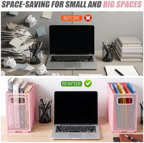 Zhengmy 3 Pcs Hanging File Organizer Letter Size File Holder Metal Mesh Filing Box Desktop Folder Letter Storage Cabinets Magazine Holder with Handles for Home Office School Document (Pink)