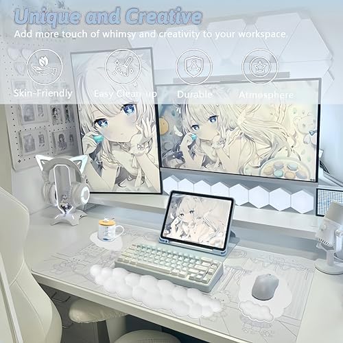 Cloud Wrist Rest Keyboard Cute Cloud Mouse Pad with Wrist Rest for Keyboard and Mouse Leather Cloud Wrist Pad Non-Slip Wrist Support for Computer Gaming Home Office Desk Decor Relief Pain White