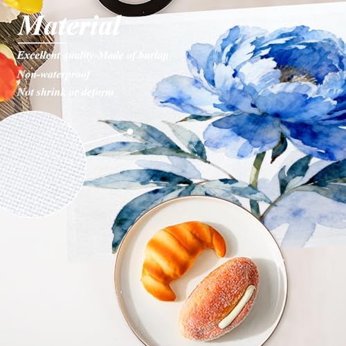 Shrahala Indigo Blue Hand Floral Bouquet Placemats, Watercolor White Flowers Table Mat Linen Burlap Washable Double-Deck Heat Insulation for Dining Table Kitchen Table Set of 4 (12 x 18 inch)