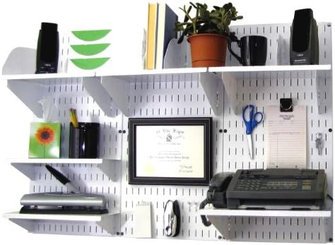 Wall Control Office Organizer Unit Wall Mounted Office Desk Storage and Organization Kit White Slotted Wallboards and White Accessories