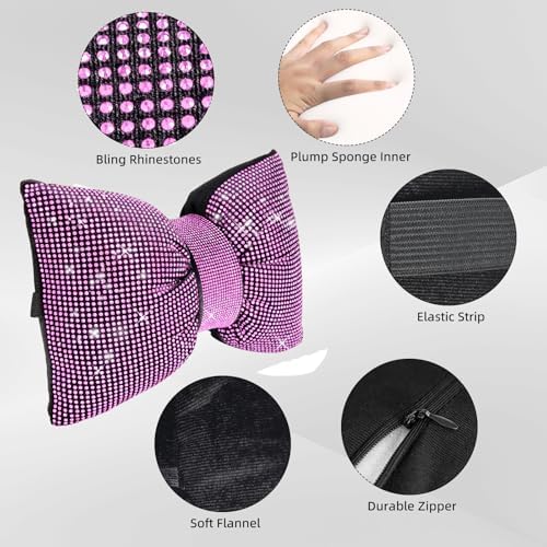 4 PCS Bling Car Pillows,Rhinestones Bowknot Car Headrest Pillow,Pink