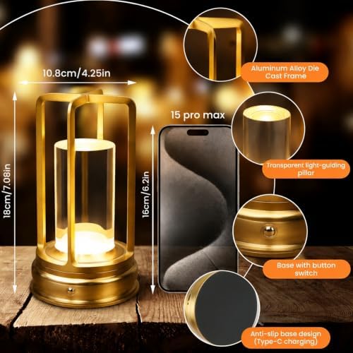 Cordless Outdoor Table Lamp, Rechargeable LED Patio Lamp, Dimmable, Gold