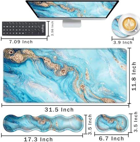 Keyboard Wrist Rest and Mouse Pad with Wrist Support Set Ergonomic Coaster,Memory Foam,Easy Typing Pain Relief,Large XL Desk Mat 31.5"x 11.8",Abstract Marble Texture