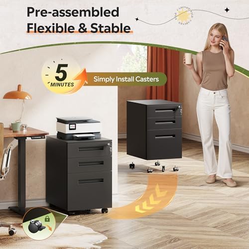 DEVAISE 3 Drawer Mobile File Cabinet, Fully Assembled Except Casters