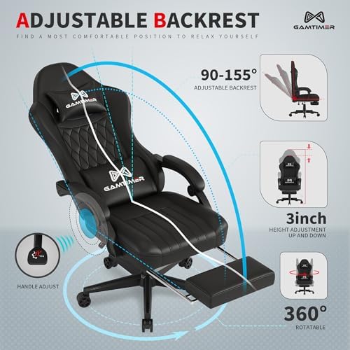 Gaming Chair with Footrest, Ergonomic Computer Chair, PU Breathable Material with Headrest and Lumbar Support, Suitable for Silla Gamer and Adults(Black)
