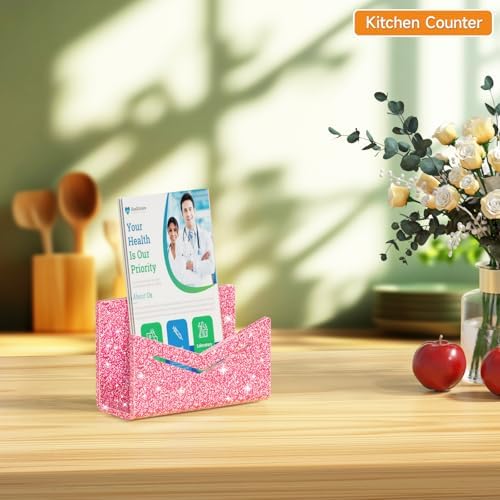 Beego Envelope and Mail Organizer Countertop - Glitter Pink Acrylic Desk Organizer Letter Holder Desktop File Sorter Bill Document Folder Rack for Office, Home, School Desk Organization
