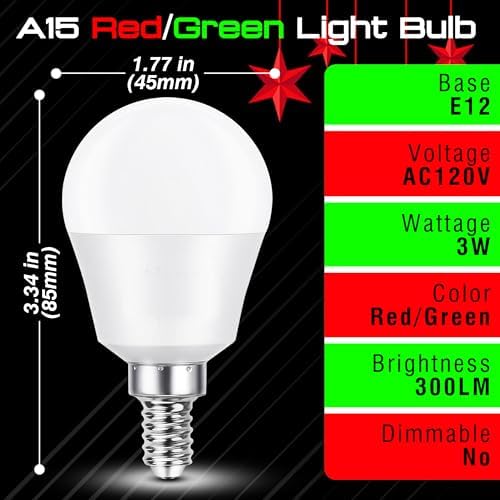 Red Green E12 LED Candelabra Bulbs,3W Christmas Light Bulbs(1 Red+1 Green)