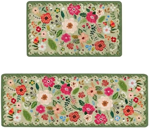 Boho Floral Anti Fatigue Kitchen Rugs and Mats, 17.3"x47"+17.3"x29"