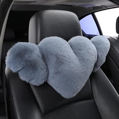2 Pack Heart Shaped Plush Car Neck Pillows, Soft Car Headrest Cushion for Driving Travel Office Chair, Cute Cars Interior Decor Accessories for Women Girls(Gray)