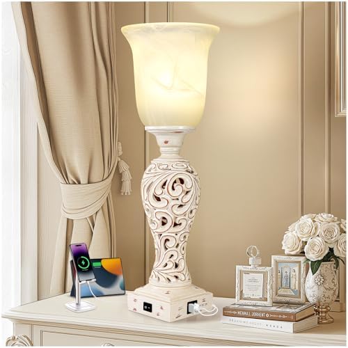 20" Bedside Lamp for Bedroom, 3-Way Dimmable Bulb Include, Washed White
