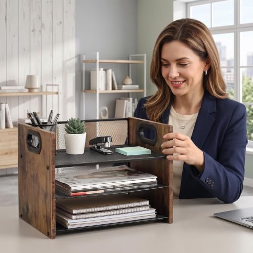 Desk Organizer - 3 Tier Wood & Metal Mesh Desktop Organizer for Office, Home, School, Workspace, Office Desk Organzier for Papers, Mail, Notebooks, Stationery