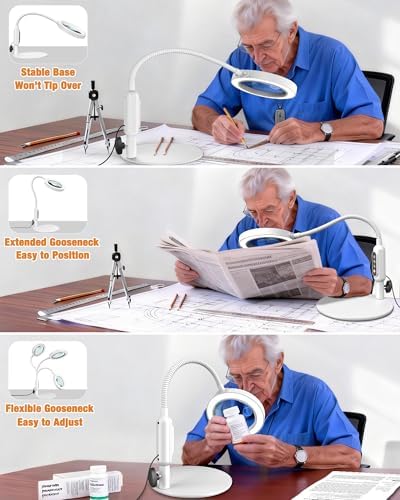 30X 10X Magnifying Glass with Light and Stand, 5 Color Modes Stepless Dimmable, Optical Grade HD Lens, LED Lighted Magnifier Hands Free with 16in Flexible Gooseneck for Close Work - White