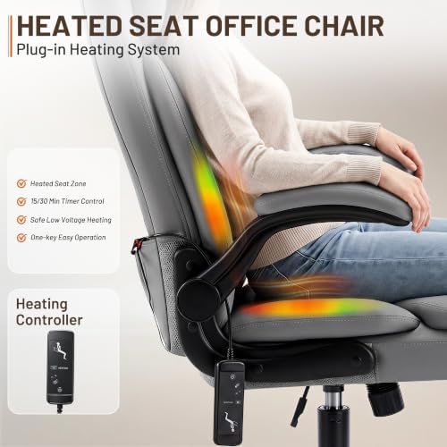 Heated Office Chair, Reclining Desk Chair with Constant Warm Heat, Big and Tall Executive PU Leather Chairs for Heavy People, Ergonomic Wider & Thicker Seat Cushion Gaming Chairs (Gray)