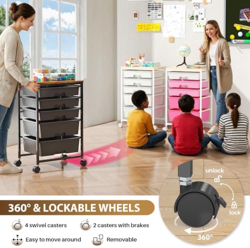 Goovilla Rolling Cart with 5 Drawers for Craft, Art, Dorm, Office, Black