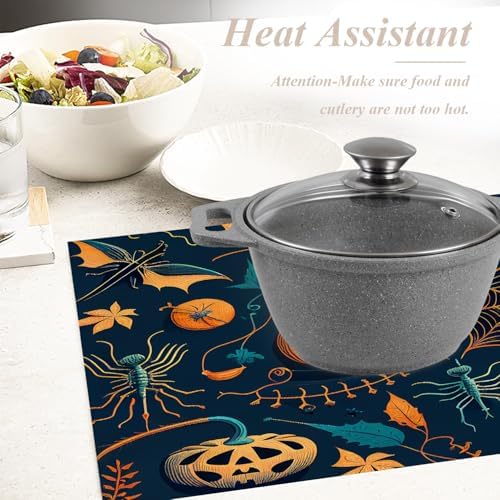 Shrahala Halloween Angry Face Pumpkins Set Of 4 12 X 18 Inch Linen Placemats , Skeletons Spiders Burlap Table Mat Washable Double Layered Heat Insulation For Indoor/Outdoor