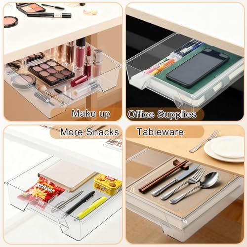 2 Pack 10.91"x 8.23" Under Desk Drawer Storage Organizer, Durable PC Material Self-Adhesive with Slide Out Rail, Hidden Hanging Desk Drawer for Office Supplies, Stationery, No Drilling Install, Clear