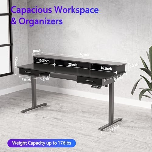 WALKINGDESK 63x24 Inches Electric Standing Desk with Keyboard Tray, Height Adjustable Stand up Desk with 2 Drawers, Ergonomic Sit to Stand with Storage Monitor Stand, Computer Table, Black