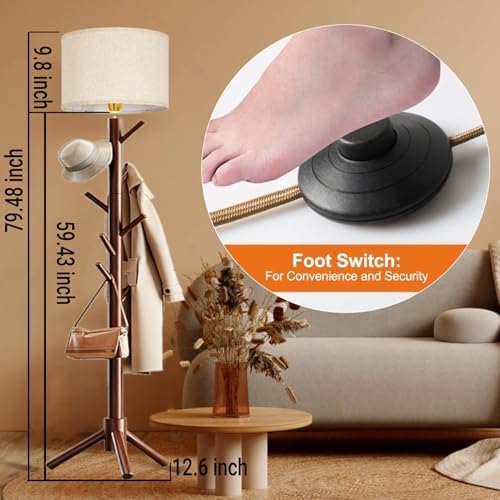 Floor Lamp with Coat Rack, 3 Color Dimmable Wood Standing Lamp with 8 Hooks, Modern Country Vintage Tall Lamp for Living Room Bedroom Entryway Apartments