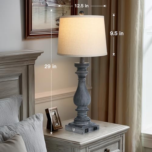 Cinkeda 29" Tall Farmhouse Table Lamp for Living Room Set of 2,Vintage Retro Nightstand Lamps with USB C+A Ports & AC Outlet,3-Way Dimmable Touch Bedside Lamp for Bedroom Side Table,Distressed Black
