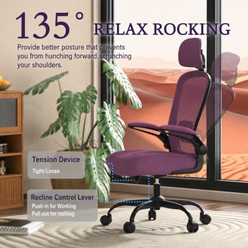 Mimoglad Office Chair, High Back Ergonomic Desk Chair with Adjustable Lumbar Support and Headrest, with flip-up Armrests for Guitar Playing, 5 Years Warranty (Modern, Orchid(Black Frame))