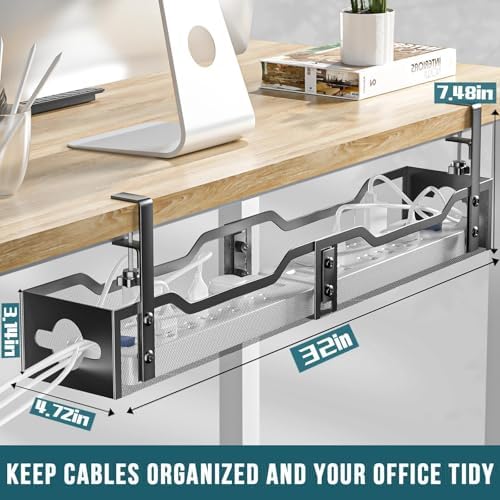 Under Desk Cable Management Tray 32'', Cable Management Under Desk No Drill, Cable Organizer with Clamp for Wire Management, Cord Organizer for Office, Home - No Damage to Table (Black)