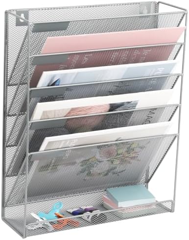 EASEPRES Desk File Organizer Mesh 6-Tier, Hanging Wall Mount Document Organization Stand, Desktop Vertical Mail Paper Folder Holder Rack with Bottom Tray for Office Home Cubicle Countertop, Gray