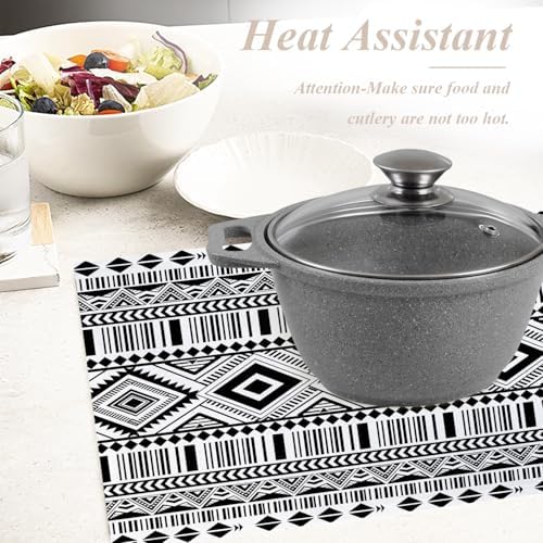 Shrahala White Boho Triangle Set of 6 12 X 18 Inch Linen Placemats, Black Geometric Bohemian Burlap Table Mat Washable Double Layered Heat Insulation for Indoor/Outdoor