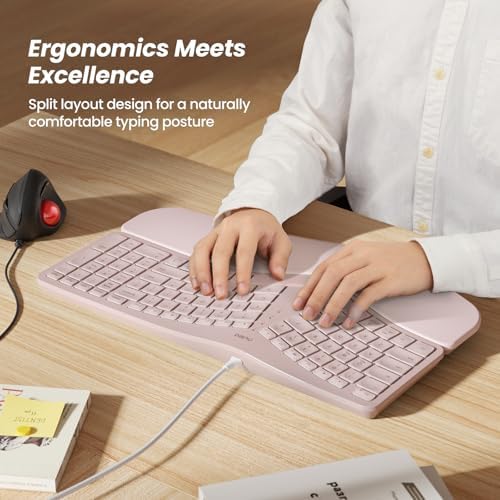 Nulea RT05C Wired Ergonomic Keyboard, Split Keyboard with Cushioned Wrist Rest, Adjustable Tilt Legs, Plug and Play, USB Corded, Compatible with Windows/Mac (Pink)