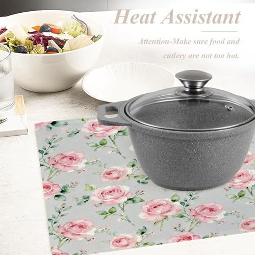 Shrahala Beautiful Flower Set of 6 12 X 18 Inch Linen Placemats, Beauty Blossom Bouquet Elegant Pastel Burlap Table Mat Washable Double Layered Heat Insulation for Indoor/Outdoor