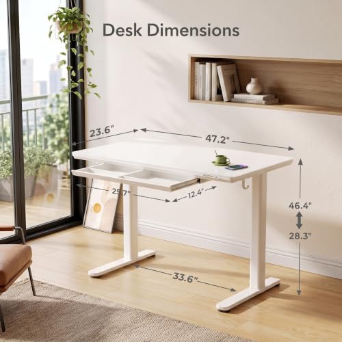 YDN Wireless Charging Glass Standing Desk with Drawer 48 Inches Super White