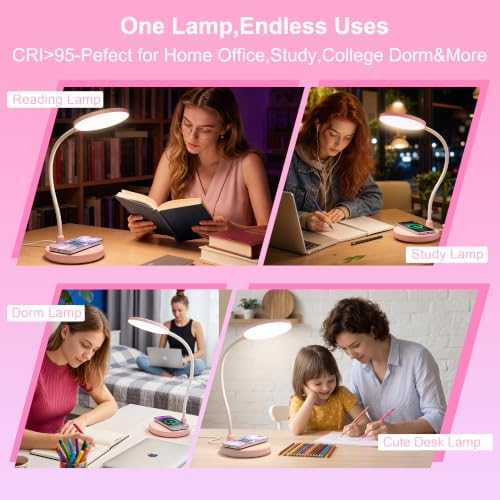 Pink Desk Lamp, Cute Desk Lamp for Girls, Wireless Charger, Dorm