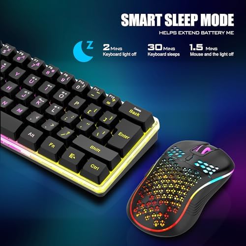 RedThunder 60% Wireless Gaming Keyboard and Mouse Combo, 2500mAh Rechargeable Battery, Ultra-Compact Small RGB Mechanical Feel Keyboard, Lightweight Honeycomb Optical Mouse for Gaming/Business, Black