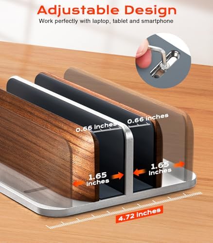 JCZT Vertical Laptop Stand, Walnut Dual Laptop Holder, Silver