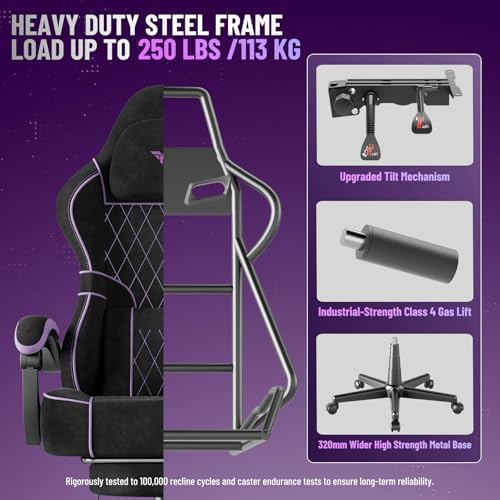 Huracan Ergonomic Gaming Chair with Footrest for Adults, Massage Game Chair High Back, Racing Computer Chair Lumbar Support Extended Seat for Video Game Home Office, Black and Purple