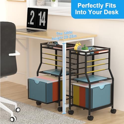 BOHDK Rolling File Cart, 6-Tier Desk File Organizer on Lockable Wheels, Black Wood Planks & Mesh Sliding Hanging Folder Drawer, Organization Cart for Office Home School