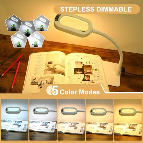 Veemagni 12X Rectangle Magnifying Glass with Light and Stand, Flexible Gooseneck LED Lighted Desk Lamp, 5 Color Modes Stepless Dimmable, Hands Free Magnifier for Reading Painting Close Work - White