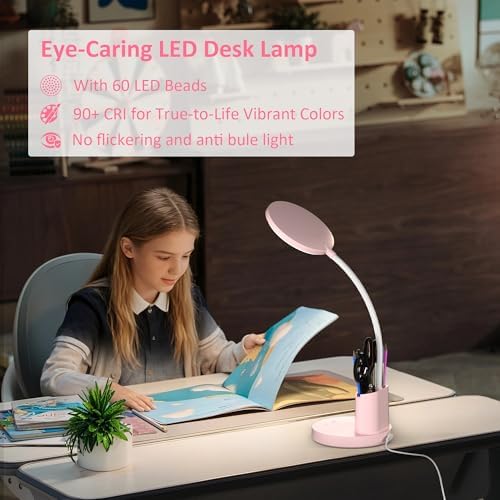 LED Desk Lamp for College Dorm with Pen Phone Holder, Pink