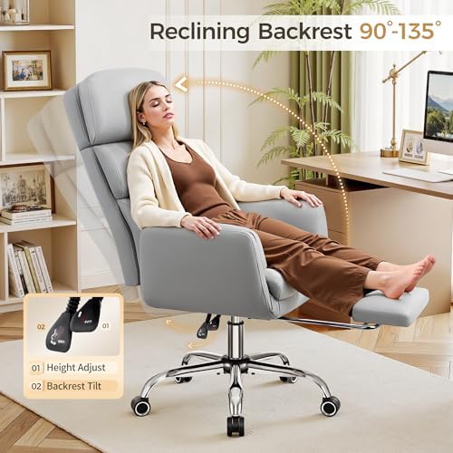 Big and Tall Office Chair 500LBS, Ergonomic High Back Leather Executive Chair, Reclining Swivel with Adjustable Armrests Lumbar Support Footrest, Cross Legged, Light Gray
