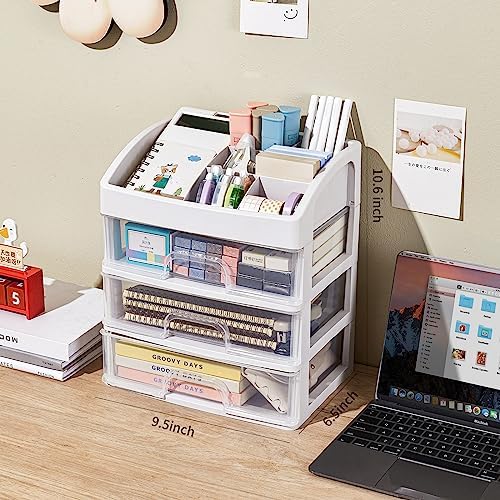 Desk Organizer with Drawers, 3 Drawers Storage Organizer, Desktop Storage Drawers for Office/School Supplies, Plastic Stationary Makeup Organizer, Desk Storage Box for Office, School, Home
