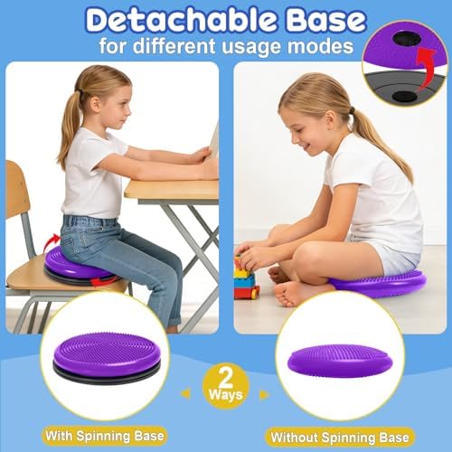Wobble Cushion, Fimeetoy 360°Spinning Wiggle Seat, ADHD Sensory Chair,Flexible Seating in Classroom & Home,ADHD Tools for Kids,2-in-1 Detachable Balance Pad,Fidget for Focus-Purple