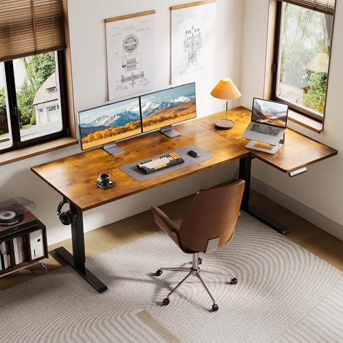 OffiGo 63 Inch Reversible L Shaped Electric Standing Desk, Rustic Brown