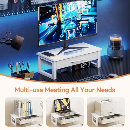 Desk Organizers and Accessories, Computer Monitor Stand Riser with Drawer, White Laptop Stand for Desk with Storage, Office Organization, Wood