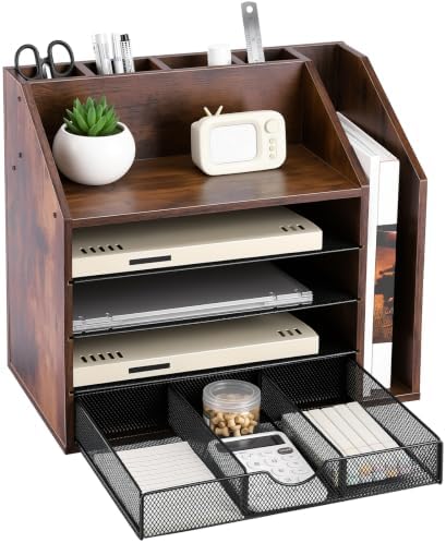 5-Tier Wood Desk Organizer and Pen Holder, File and Mail Sorter with Drawer