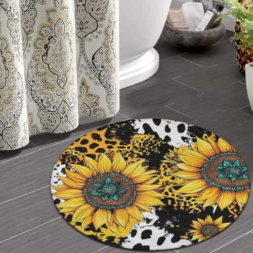 Room Sofa Yoga Soft Round Carpet, Home Decor Non Slip Kitchen Office Circle Rug, Machine Washable Modern Round Area Rug Retro Sunflowers Animal Leopard Print Art, 60inch
